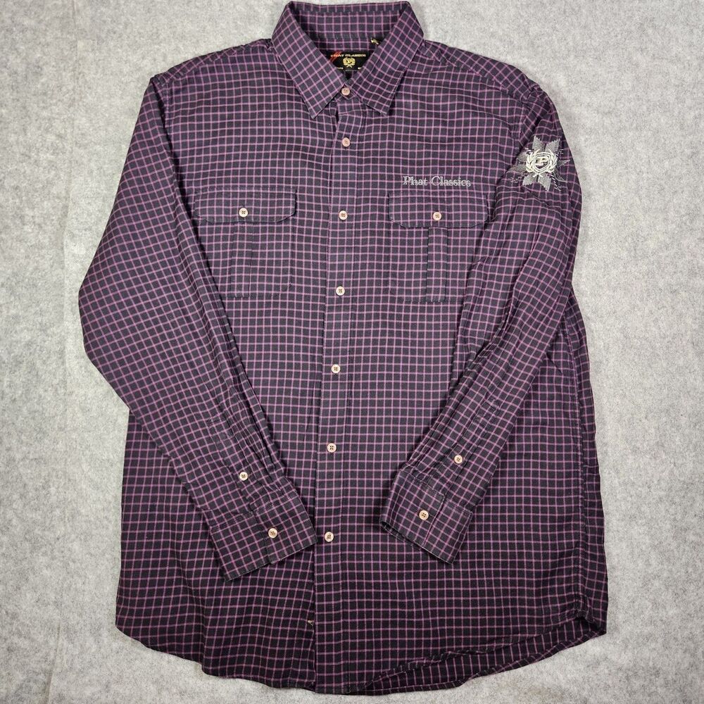 VTG Phat Farm Classics Mens Purple Check Button Up Shirt Urban Street Size 2XL‎